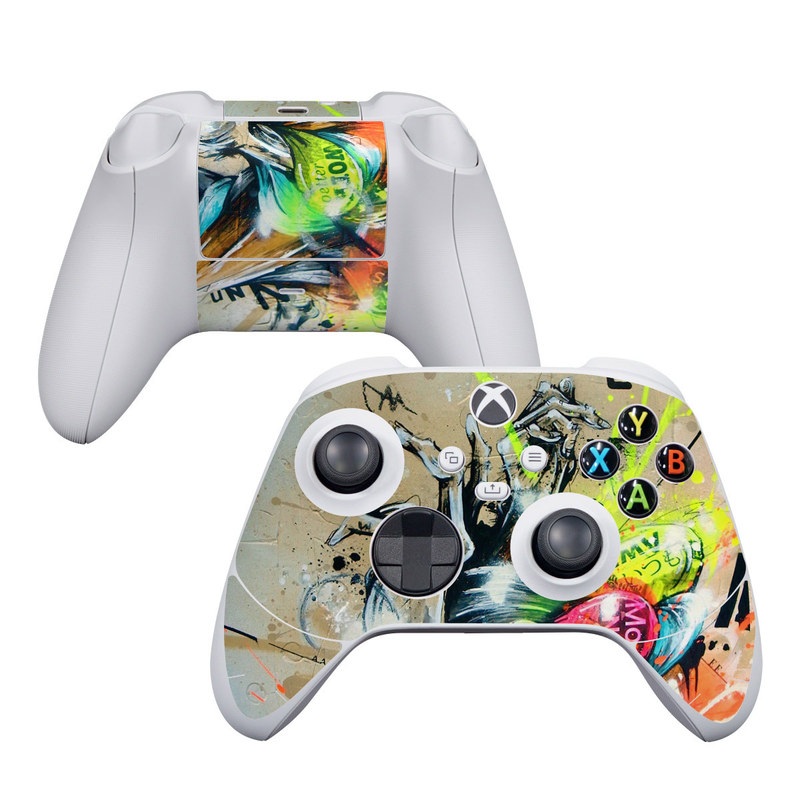 Xbox Series S Controller Skin design of Graphic design, Art, Illustration, Fictional character, Visual arts, Graphics, Painting, Watercolor paint, Modern art, Games, with gray, black, green, red, orange, pink colors