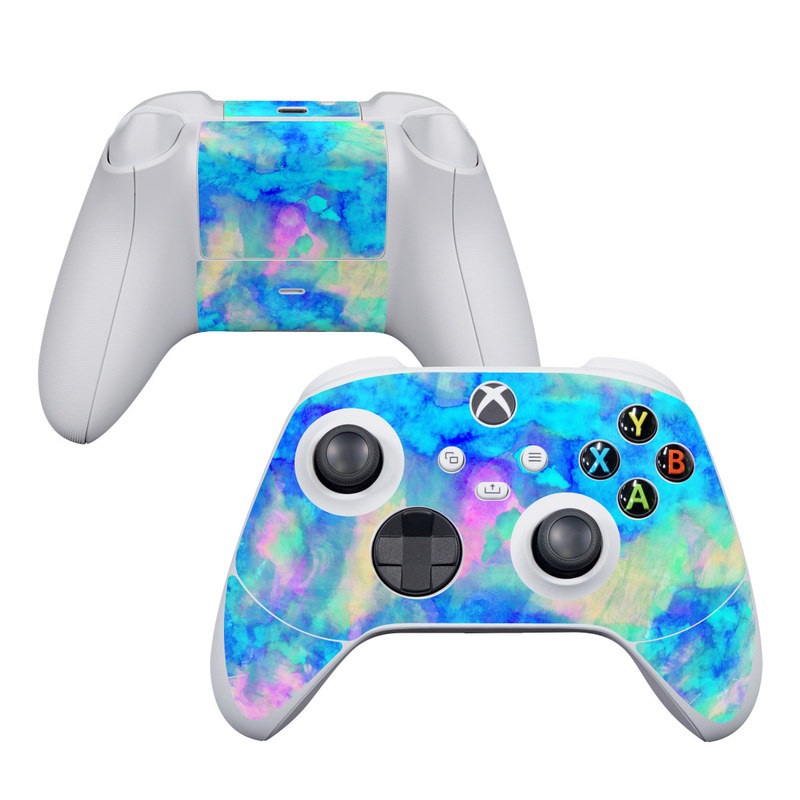 Xbox Series S Controller Skin design of Blue, Turquoise, Aqua, Pattern, Dye, Design, Sky, Electric blue, Art, Watercolor paint, with blue, purple colors