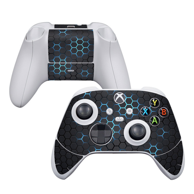 Xbox Series S Controller Skin design of Pattern, Water, Design, Circle, Metal, Mesh, Sphere, Symmetry, with black, gray, blue colors