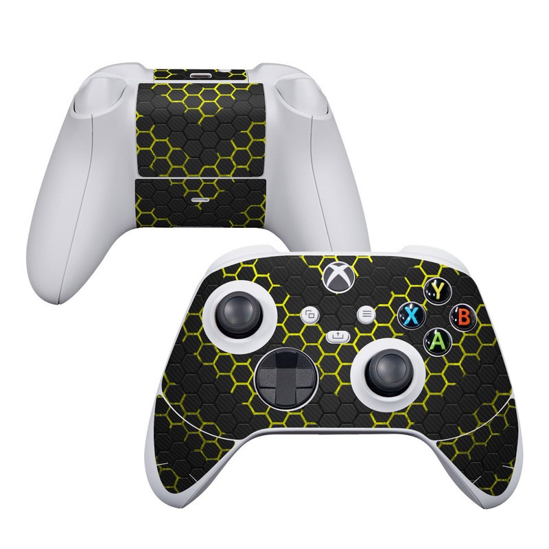 Xbox Series S Controller Skin design of Black, Pattern, Yellow, Mesh, Net, Chain-link fencing, Design, Metal, with black, gray, yellow colors