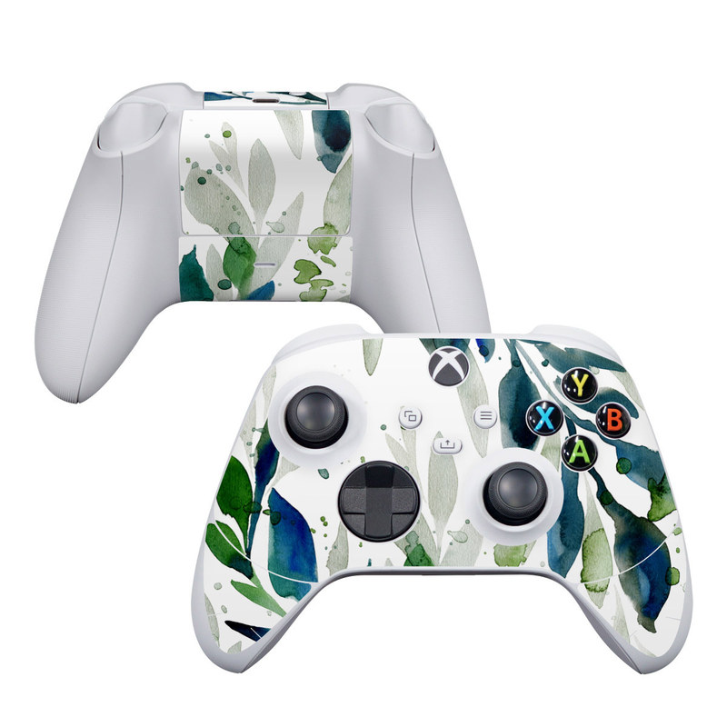 Xbox Series S Controller Skin design of Leaf, Branch, Plant, Tree, Botany, Flower, Design, Eucalyptus, Pattern, Watercolor paint, with white, blue, green, gray colors