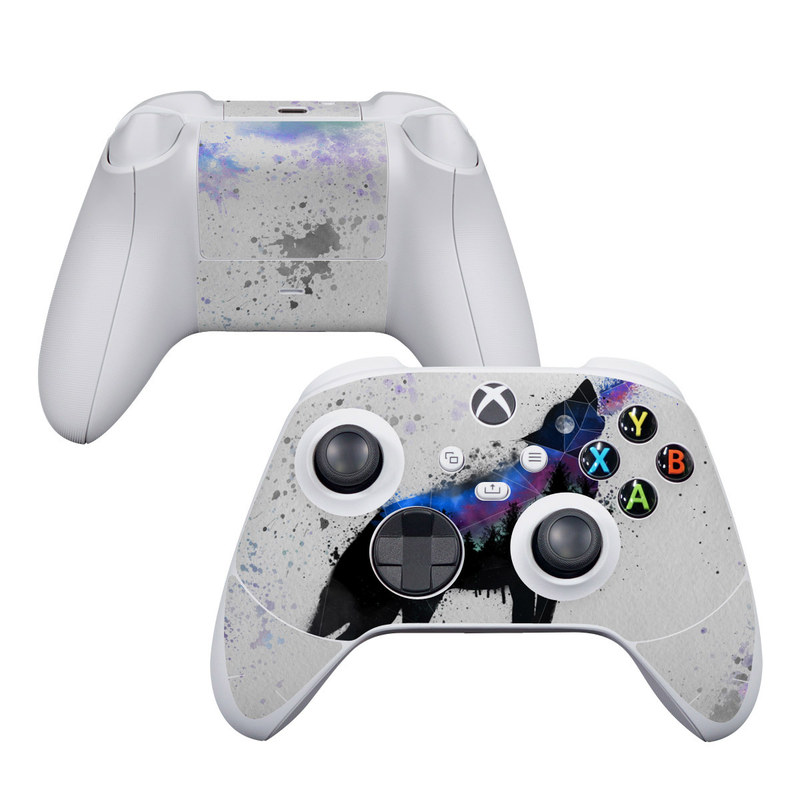 Xbox Series S Controller Skin design of Canidae, Art, Illustration, Watercolor paint, Dog, Graphic design, Street art, Acrylic paint, Painting, Visual arts, with gray, white, blue, black, green, purple colors