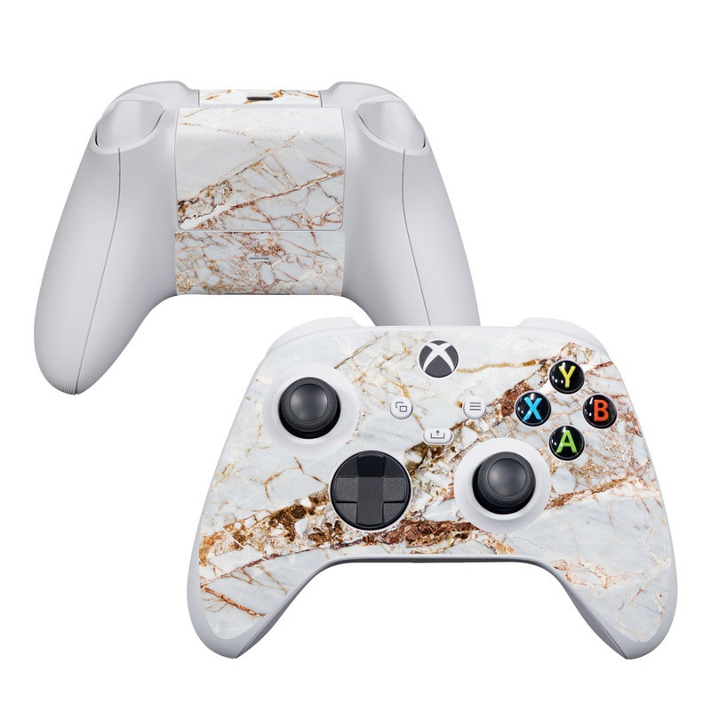 Xbox Series S Controller Skin design of White, Branch, Twig, Beige, Marble, Plant, Tile, with white, gray, yellow colors
