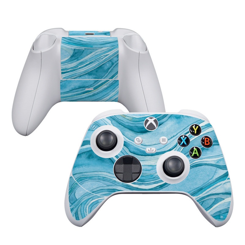 Xbox Series S Controller Skin design of Water, Liquid, Azure, Fluid, Rectangle, Aqua, Painting, Pattern, Electric blue, Art, with blue, white colors