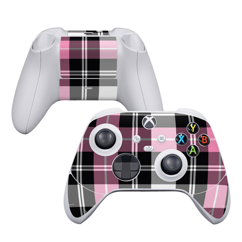 Xbox Series S Controller Skin design of Plaid, Tartan, Pattern, Pink, Purple, Violet, Line, Textile, Magenta, Design, with black, gray, pink, red, white, purple colors