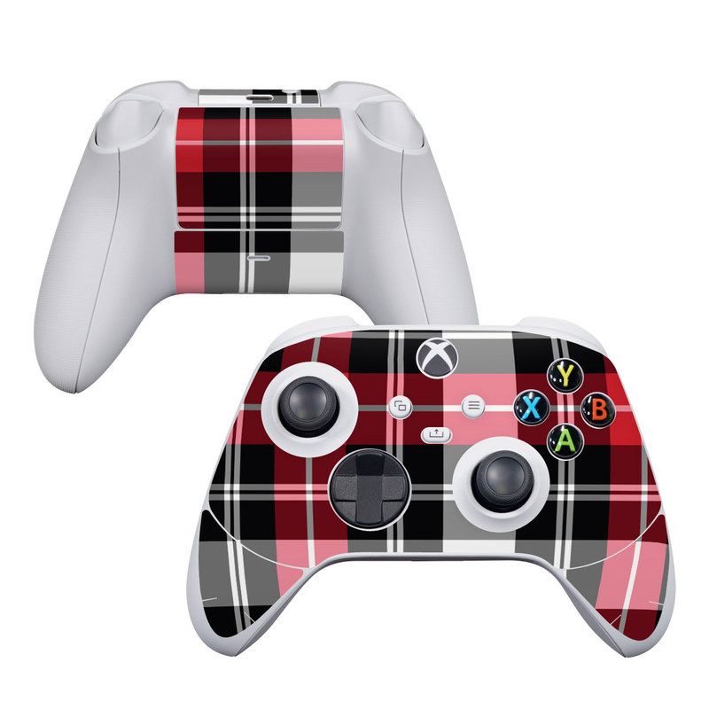 Xbox Series S Controller Skin design of Plaid, Tartan, Pattern, Red, Textile, Design, Line, Pink, Magenta, Square, with black, gray, pink, red, white colors