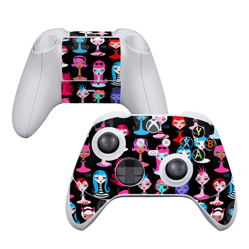 Xbox Series S Controller Skin design of Facial expression, Product, Font, Pink, Red, Magenta, Material property, Pattern, Fictional character, Illustration, with black, pink, blue, brown, red, green, white, yellow colors