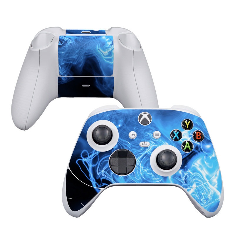 Xbox Series S Controller Skin design of Blue, Water, Electric blue, Organism, Pattern, Smoke, Liquid, Art with blue, black, purple colors