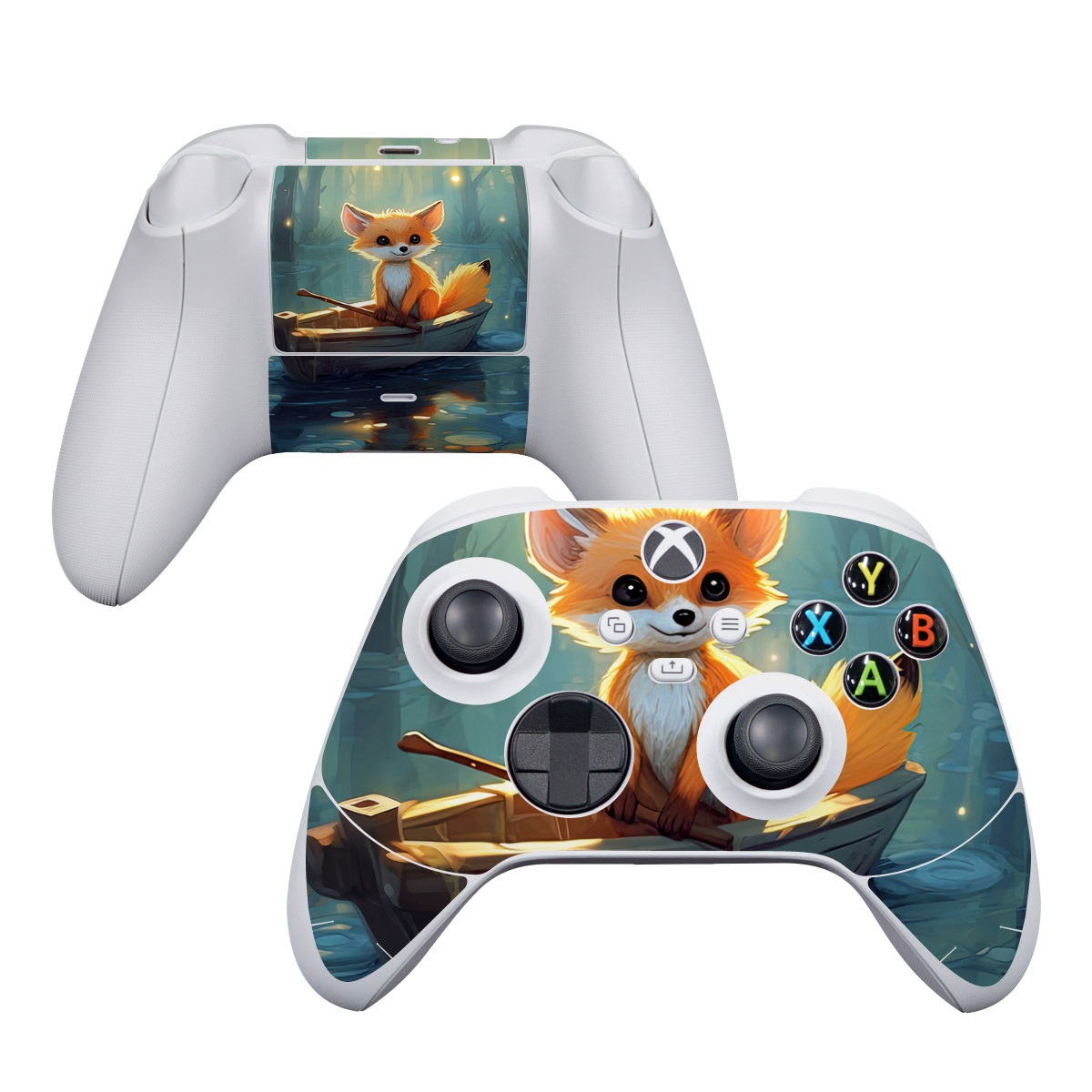 Xbox Series S Controller Skin design of Water, Boat, Light, Nature, Organism, Orange, Cartoon, Watercraft, Art, Plant, with blue, yellow, orange, white, black, gray, green, brown colors