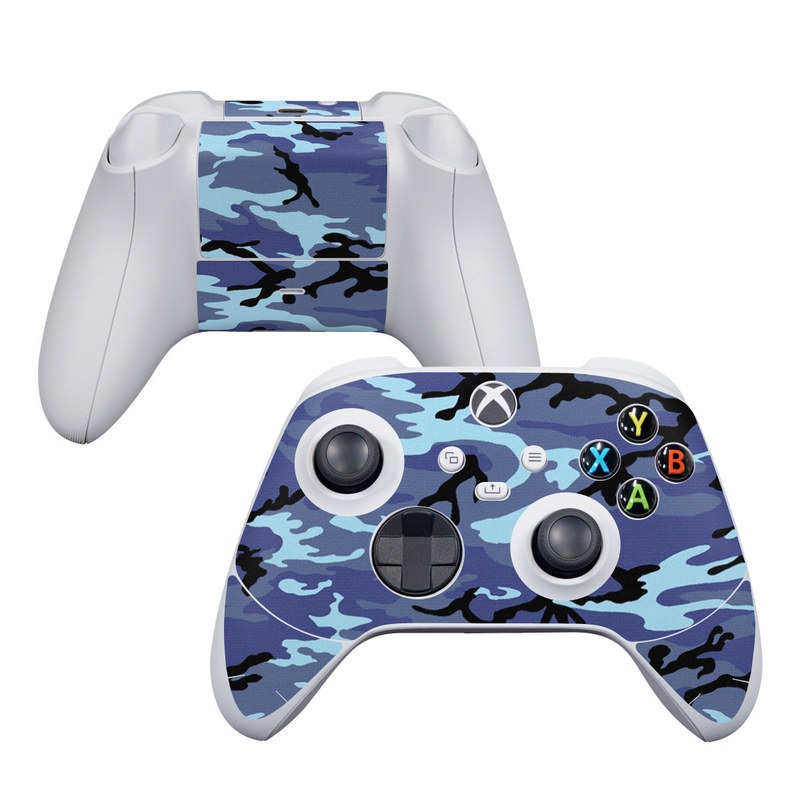 Xbox Series S Controller Skin design of Military camouflage, Pattern, Blue, Aqua, Teal, Design, Camouflage, Textile, Uniform, with blue, black, gray, purple colors