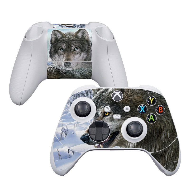 Xbox Series S Controller Skin design of Mammal, Vertebrate, Wolf, Canidae, canis lupus tundrarum, Canis, Wildlife, Carnivore, Wolfdog, Dog, with gray, black, blue, purple colors