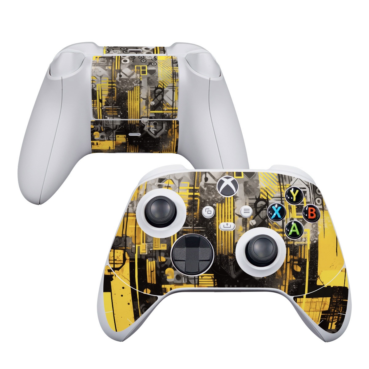 Xbox Series S Controller Skin design of Rectangle, Yellow, Font, Art, City, Engineering, Tints and shades, Pattern, Symmetry, Space, with black, white, gray, yellow colors