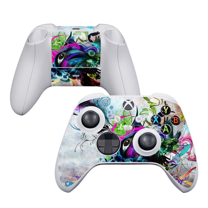 Xbox Series S Controller Skin design of Graphic design, Psychedelic art, Art, Illustration, Purple, Visual arts, Graffiti, Street art, Design, Painting, with gray, black, blue, green, purple colors