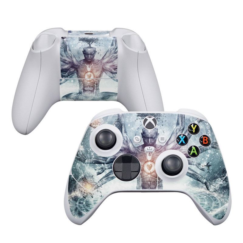 Xbox Series S Controller Skin design of Mythology, Cg artwork, Water, Illustration, Fictional character, Space, Graphics, Art, Graphic design, with blue, red, orange, black, white colors