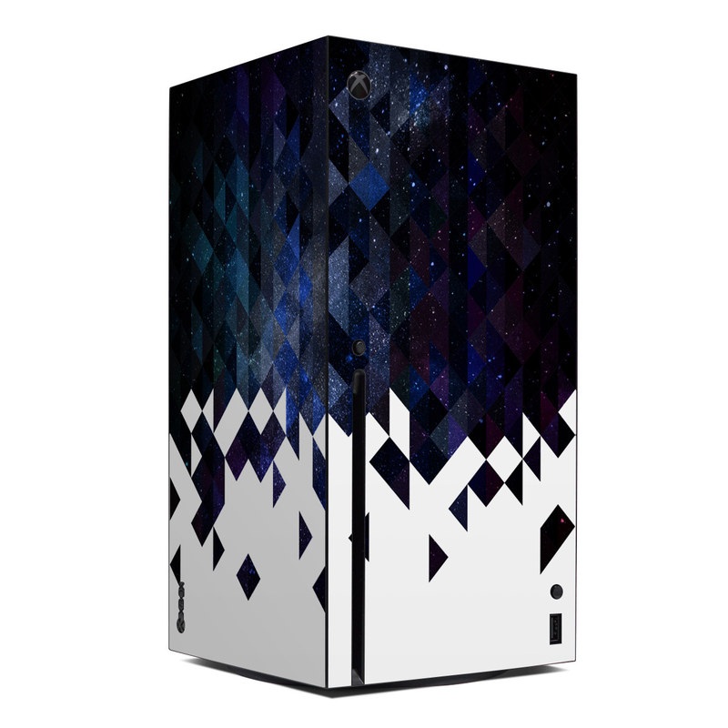 Xbox Series X Skin design of Text, Pattern, Graphic design, Font, Purple, Design, Line, Triangle, Logo, Graphics, with black, blue, white colors