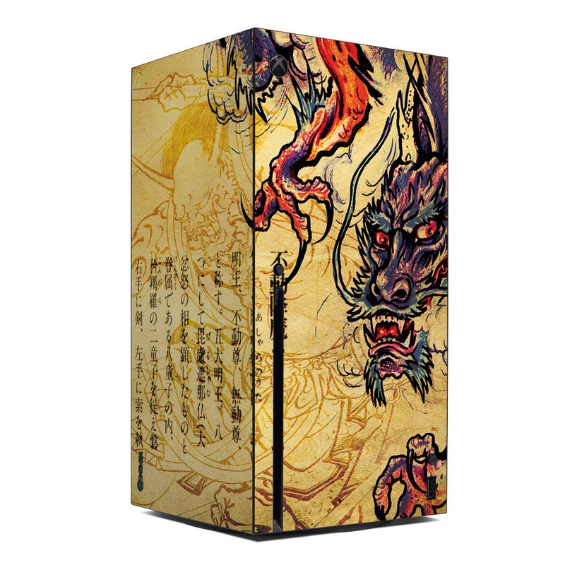 Xbox Series X Skin design of Illustration, Fictional character, Art, Demon, Drawing, Visual arts, Dragon, Supernatural creature, Mythical creature, Mythology, with black, green, red, gray, pink, orange colors