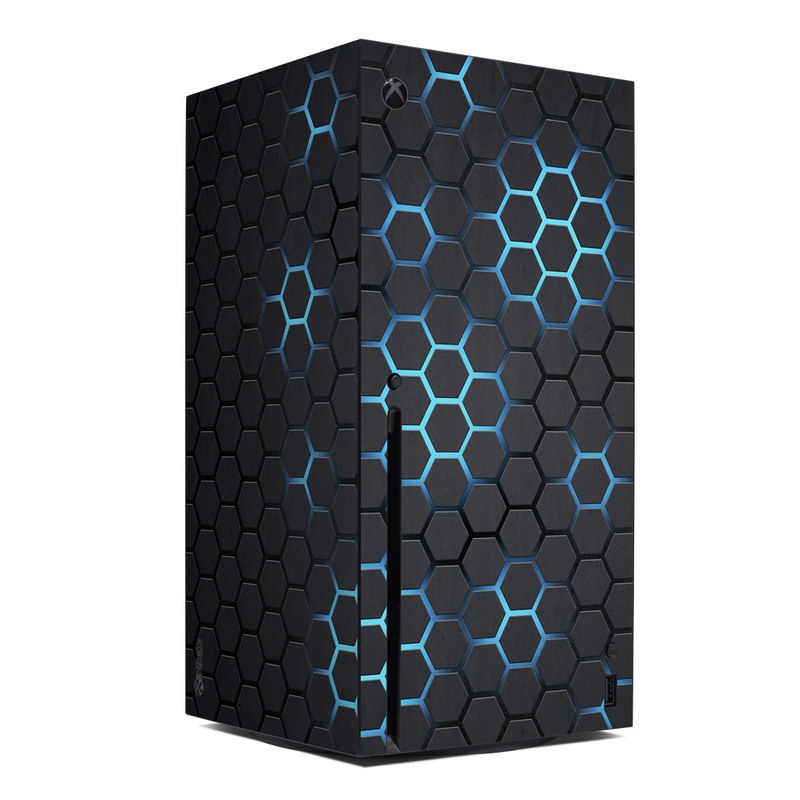Xbox Series X Skin design of Pattern, Water, Design, Circle, Metal, Mesh, Sphere, Symmetry, with black, gray, blue colors