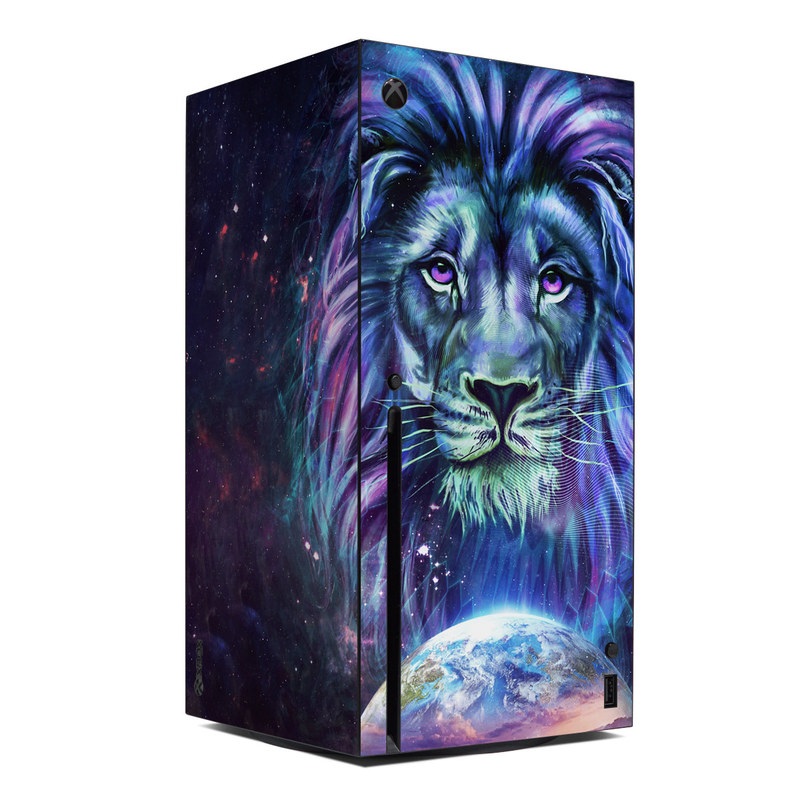 Xbox Series X Skin design of Lion, Felidae, Purple, Wildlife, Big cats, Illustration, Darkness, Space, Painting, Art with purple, blue, green, black, white, red colors