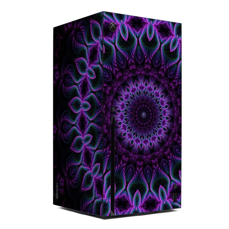 Xbox Series X Skin design of Colorfulness, Pattern, Purple, Violet, Magenta, Red, Pink, Art, Fractal Art, Visual Arts, Design, Circle, Symmetry, Psychedelic Art, Motif, Kaleidoscope, Graphics, with black, purple, blue, white colors