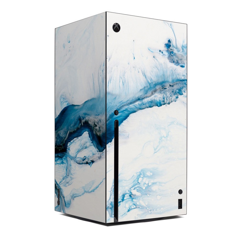 Xbox Series X Skin design of Glacial landform, Blue, Water, Glacier, Sky, Arctic, Ice cap, Watercolor paint, Drawing, Art with white, blue, black colors