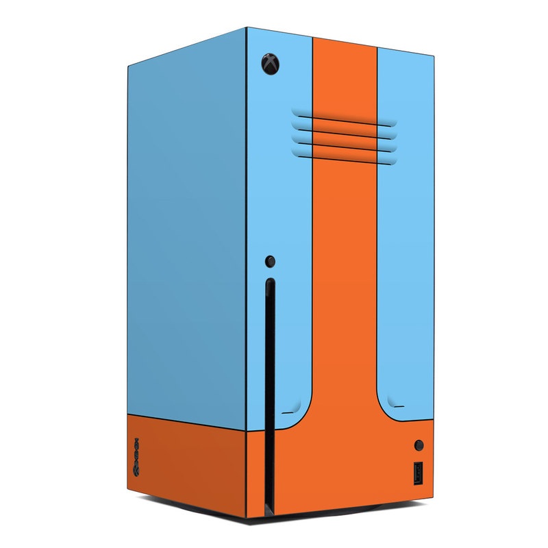 Xbox Series X Skin design of Line, with blue, orange, black colors