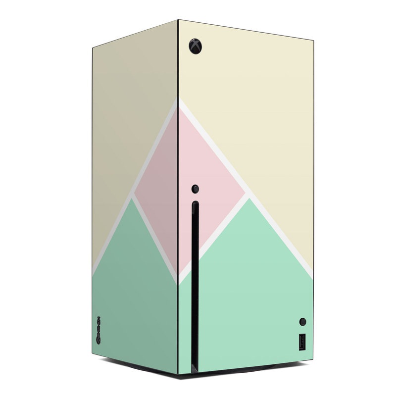 Xbox Series X Skin design of Green, Aqua, Turquoise, Blue, Pink, Yellow, Line, Teal, Pattern, Design with yellow, pink, green colors