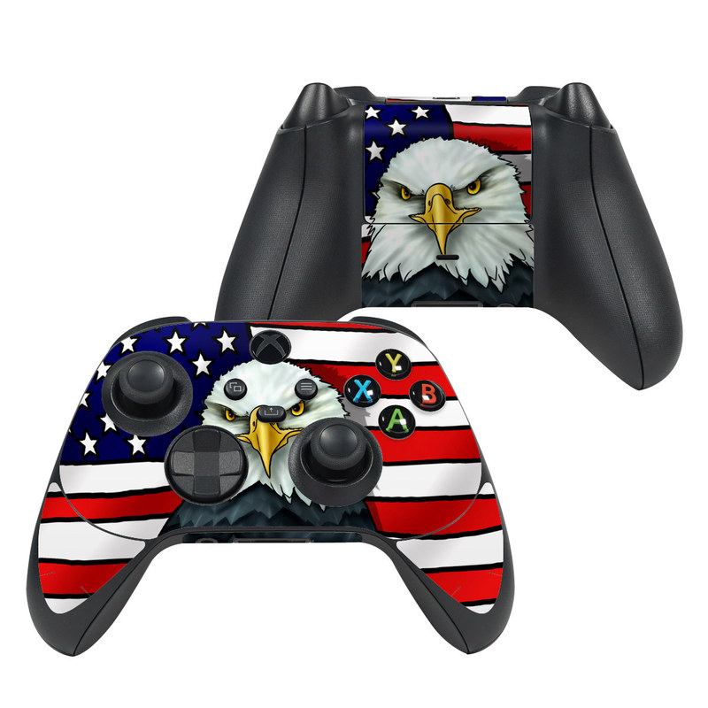 Xbox Series X Controller Skin design of Bald eagle, Eagle, Bird, Bird of prey, Accipitridae, Beak, Accipitriformes, Sea eagle, Flag, with white, gray, blue, yellow, red colors