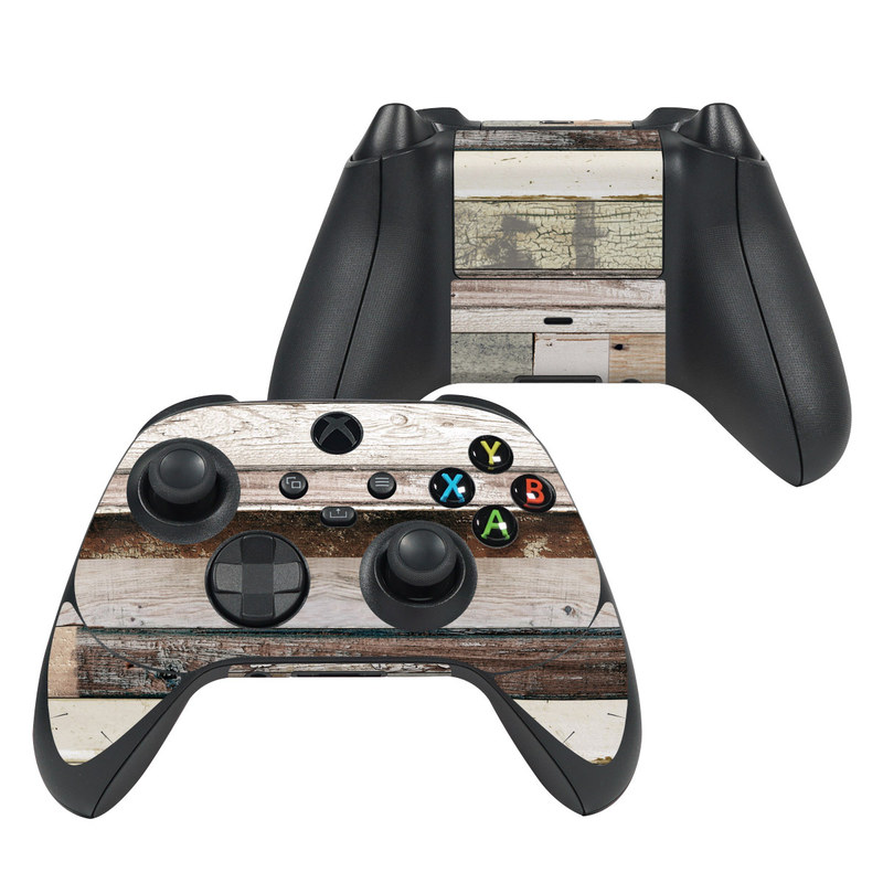 Xbox Series X Controller Skin design of Wood, Wall, Plank, Line, Lumber, Wood stain, Beige, Parallel, Hardwood, Pattern with brown, white, gray, yellow colors