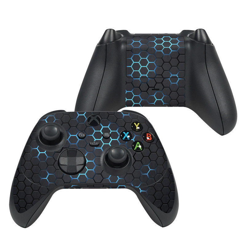 Xbox Series X Controller Skin design of Pattern, Water, Design, Circle, Metal, Mesh, Sphere, Symmetry, with black, gray, blue colors