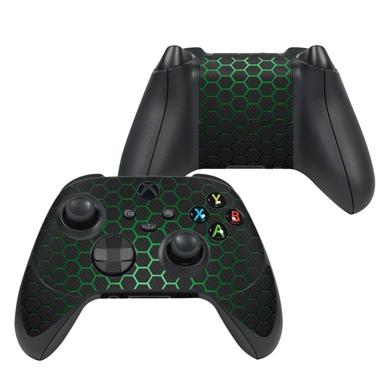 Xbox Series X Controller Skin design of Pattern, Metal, Design, Carbon, Space, Circle, with black, gray, green colors