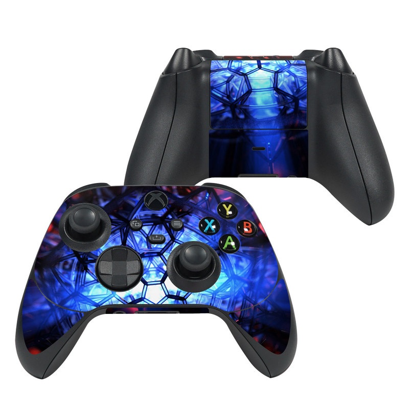 Xbox Series X Controller Skin design of Blue, Fractal art, Red, Light, Pattern, Lighting, Art, Kaleidoscope, Design, Psychedelic art, with black, blue, red colors