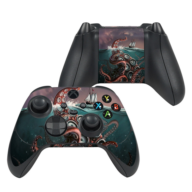 Xbox Series X Controller Skin design of Octopus, Water, Illustration, Wind wave, Sky, Graphic design, Organism, Cephalopod, Cg artwork, giant pacific octopus, with blue, gray, white, brown, red colors