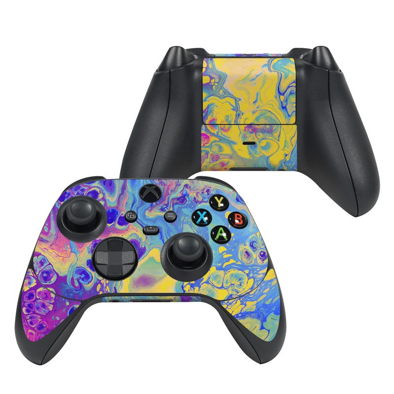 Xbox Series X Controller Skin design of Psychedelic art, Pattern, Purple, Visual arts, Design, Art, Fractal art, Electric blue, Graphic design, Graphics with blue, yellow, purple, pink colors