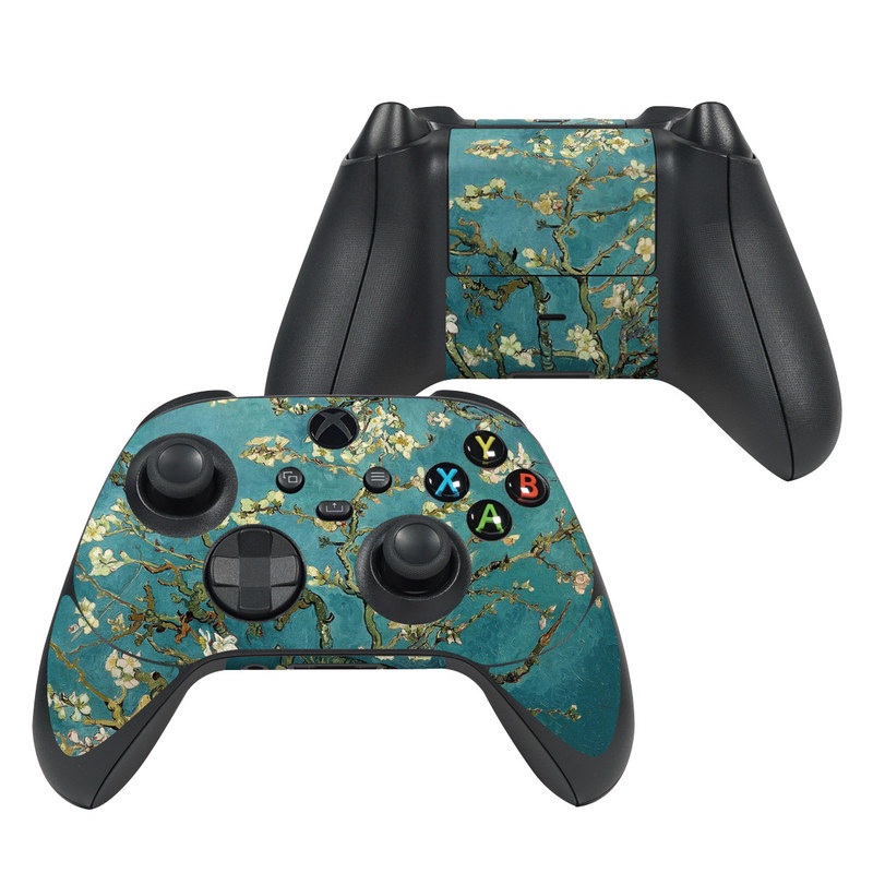 Xbox Series X Controller Skin design of Tree, Branch, Plant, Flower, Blossom, Spring, Woody plant, Perennial plant with blue, black, gray, green colors
