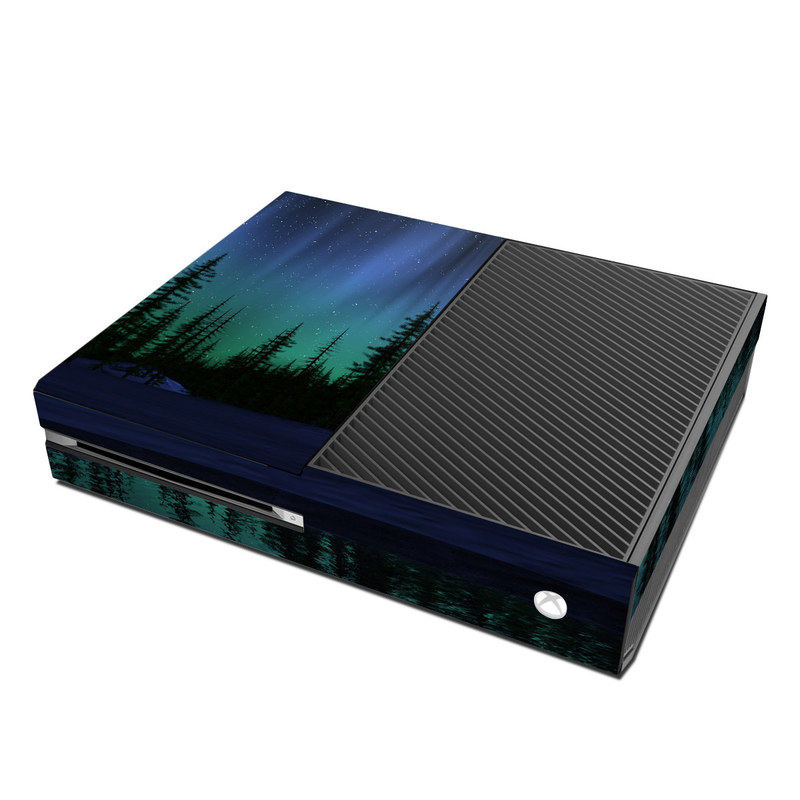 Xbox One Skin design of Aurora, Nature, Sky, shortleaf black spruce, Natural landscape, Tree, Wilderness, Natural environment, Biome, Spruce-fir forest, with blue, purple, green, black colors