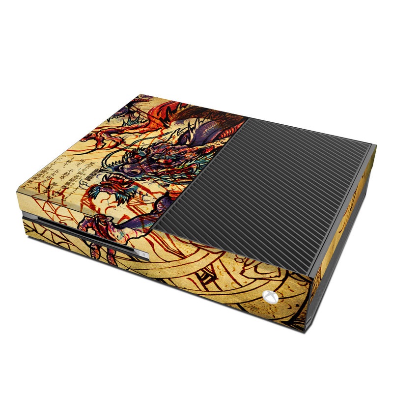 Xbox One Skin design of Illustration, Fictional character, Art, Demon, Drawing, Visual arts, Dragon, Supernatural creature, Mythical creature, Mythology, with black, green, red, gray, pink, orange colors