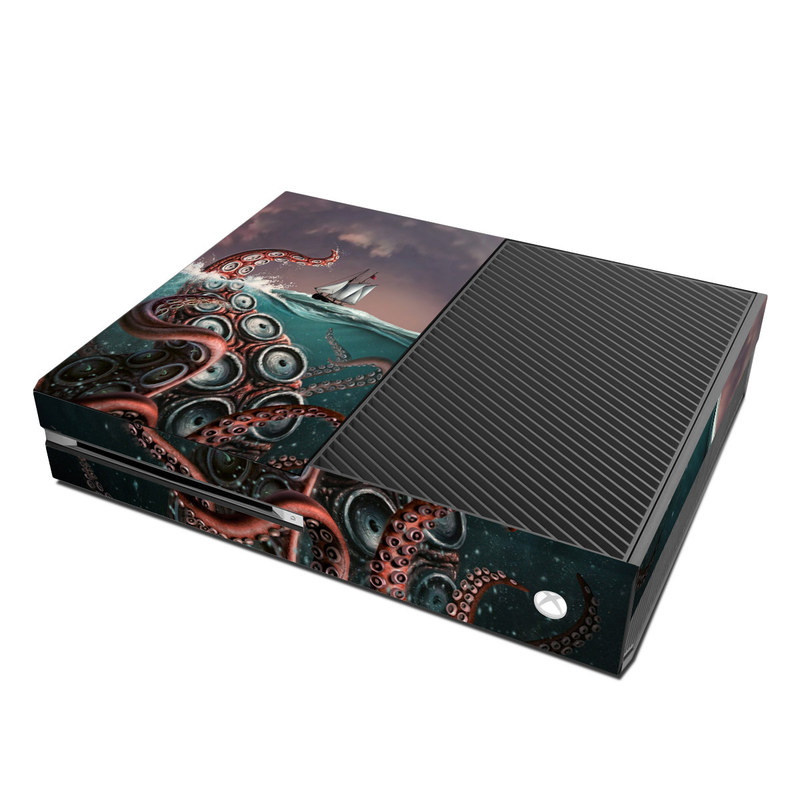 Xbox One Skin design of Octopus, Water, Illustration, Wind wave, Sky, Graphic design, Organism, Cephalopod, Cg artwork, giant pacific octopus, with blue, gray, white, brown, red colors