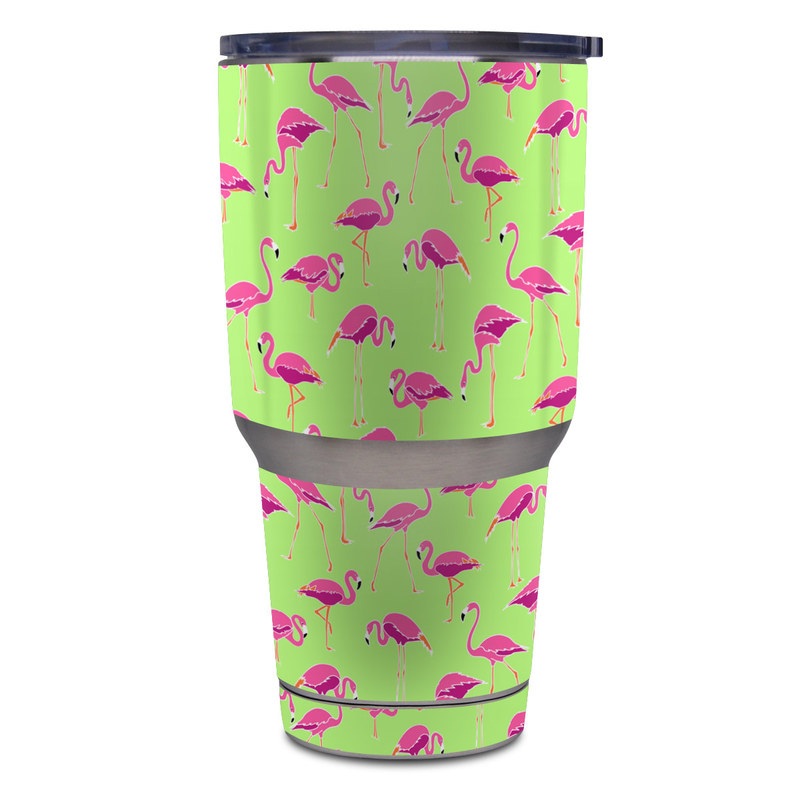 Yeti Rambler Tumbler 30oz Skin design of Pink, Green, Red, Pattern, Wrapping paper, Textile, Design, Flamingo, Line, with pink, green colors