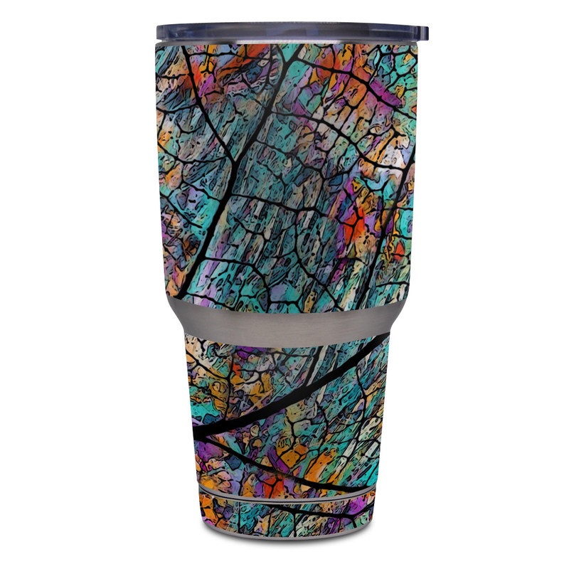 Yeti Rambler Tumbler 30oz Skin design of Pattern, Colorfulness, Line, Branch, Tree, Leaf, Design, Visual arts, Glass, Plant, with black, gray, red, blue, green colors