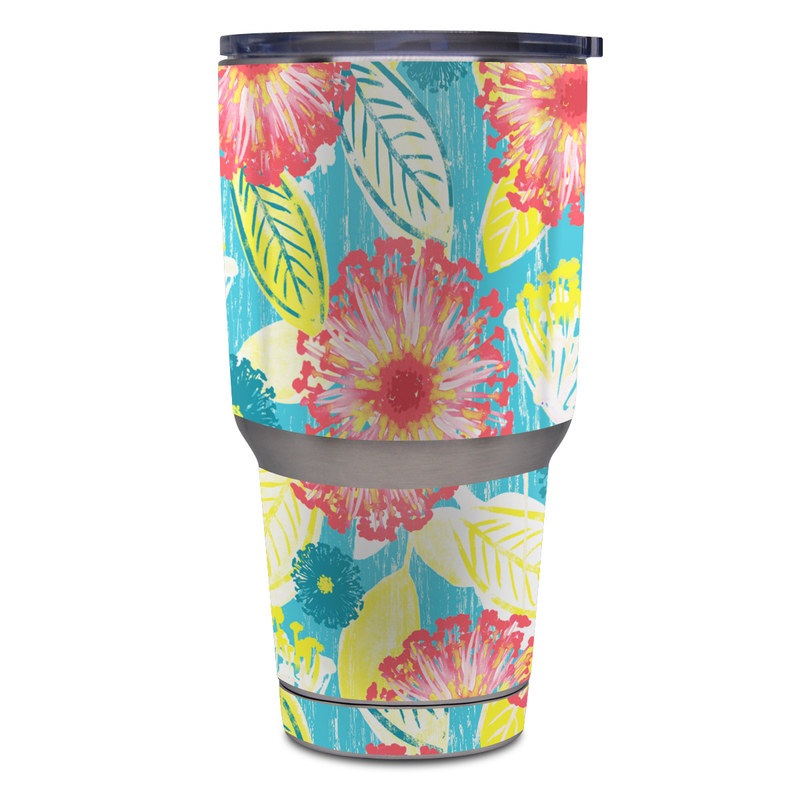 Yeti Rambler Tumbler 30oz Skin design of Pattern, Design, Flower, Floral design, Plant, Textile, Wrapping paper, Wildflower, Visual arts, with pink, gray, blue, yellow colors
