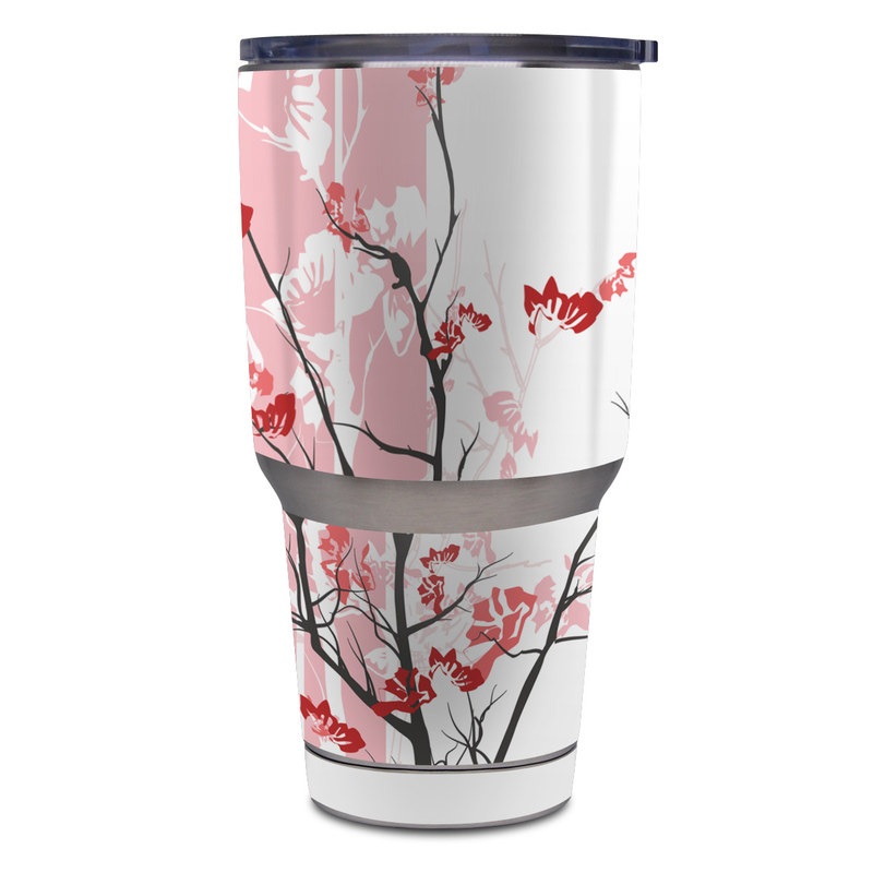 Yeti Rambler Tumbler 30oz Skin design of Branch, Red, Flower, Plant, Tree, Twig, Blossom, Botany, Pink, Spring, with white, pink, gray, red, black colors