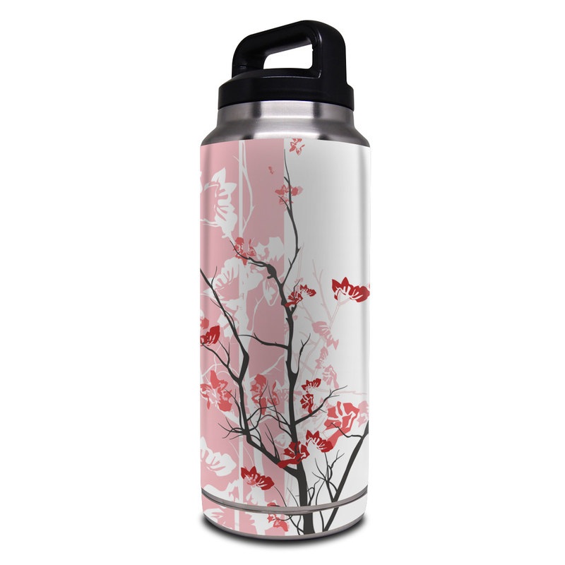 Yeti Rambler Bottle 36oz Skin design of Branch, Red, Flower, Plant, Tree, Twig, Blossom, Botany, Pink, Spring, with white, pink, gray, red, black colors