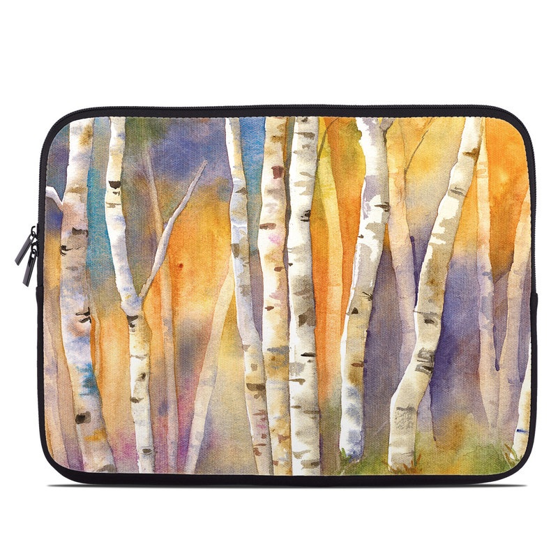 Laptop Sleeve design of Canoe birch, Watercolor paint, Tree, Birch, Woody plant, Painting, Plant, Birch family, Paint, Trunk, with orange, yellow, green, white, purple, blue colors