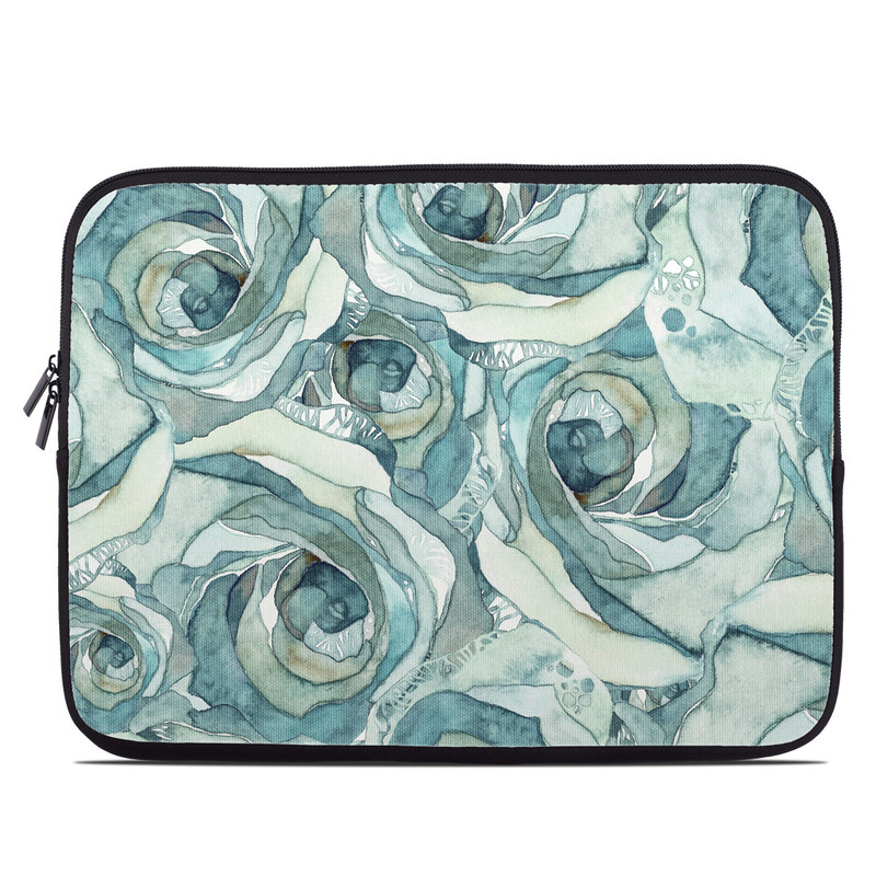 Laptop Sleeve design of Rose, Garden roses, Blue, Flower, Rose family, Watercolor paint, Plant, Pattern, Rosa × centifolia, Blue rose, with blue, green colors
