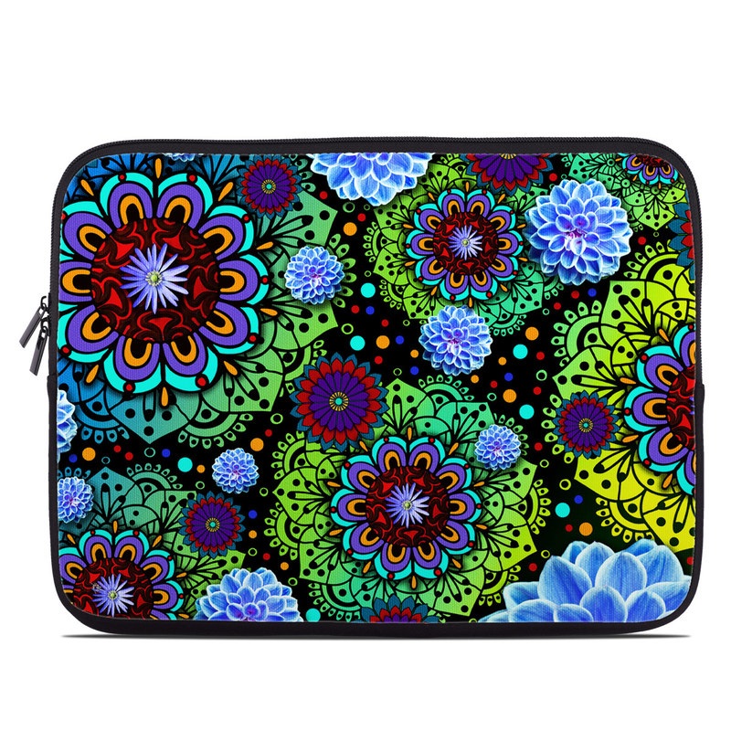 Laptop Sleeve design of Pattern, Psychedelic art, Design, Flower, Art, Visual arts, Floral design, Plant, Textile, Symmetry, with black, blue, green, purple colors