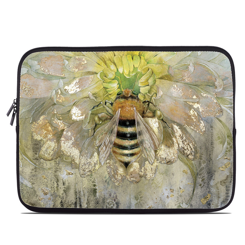 Laptop Sleeve design of Honeybee, Insect, Bee, Membrane-winged insect, Invertebrate, Pest, Watercolor paint, Pollinator, Illustration, Organism with yellow, orange, black, green, gray, pink colors