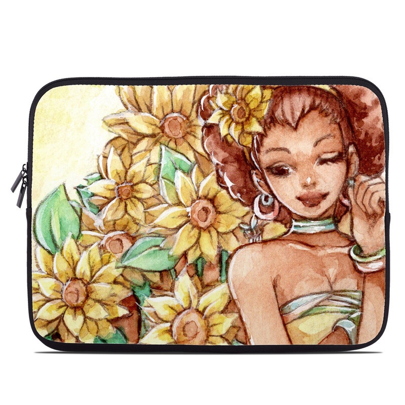 Laptop Sleeve design of Painting, Illustration, Art, Fictional character, Plant, Flower, Clip art, with yellow, orange, brown, green colors