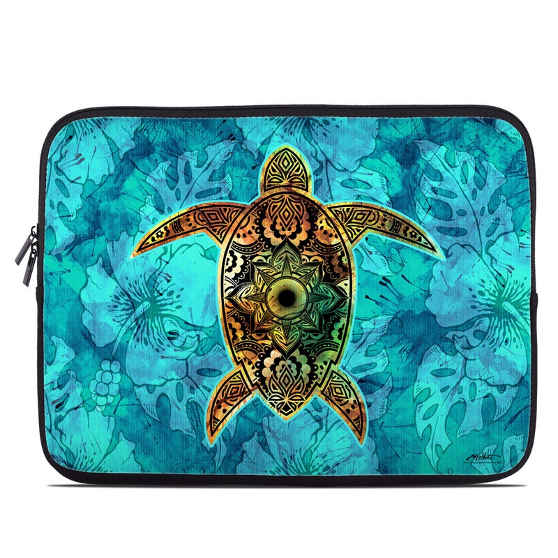 Laptop Sleeve design of Sea turtle, Green sea turtle, Turtle, Hawksbill sea turtle, Tortoise, Reptile, Loggerhead sea turtle, Illustration, Art, Pattern, with blue, black, green, gray, red colors