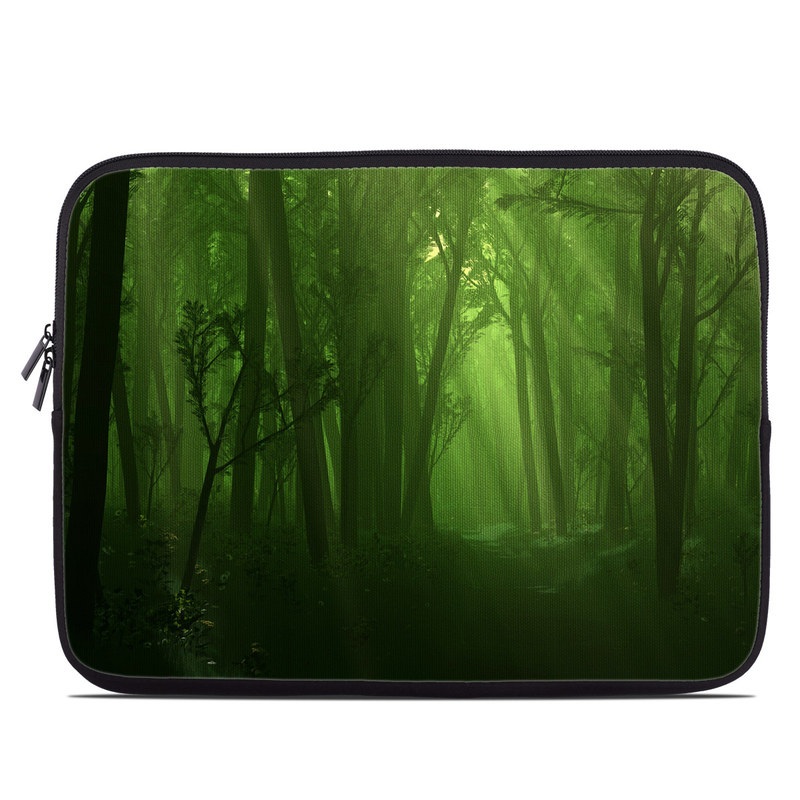 Laptop Sleeve design of Nature, Green, Forest, Old-growth forest, Woodland, Natural environment, Vegetation, Tree, Natural landscape, Atmospheric phenomenon, with black, green colors