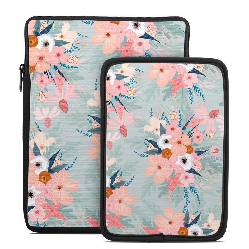 Tablet Sleeve design of Pattern, Aqua, Wrapping paper, Textile, Design, Floral design, Wildflower, Plant, Pedicel, Blossom, with pink, red, blue, white colors